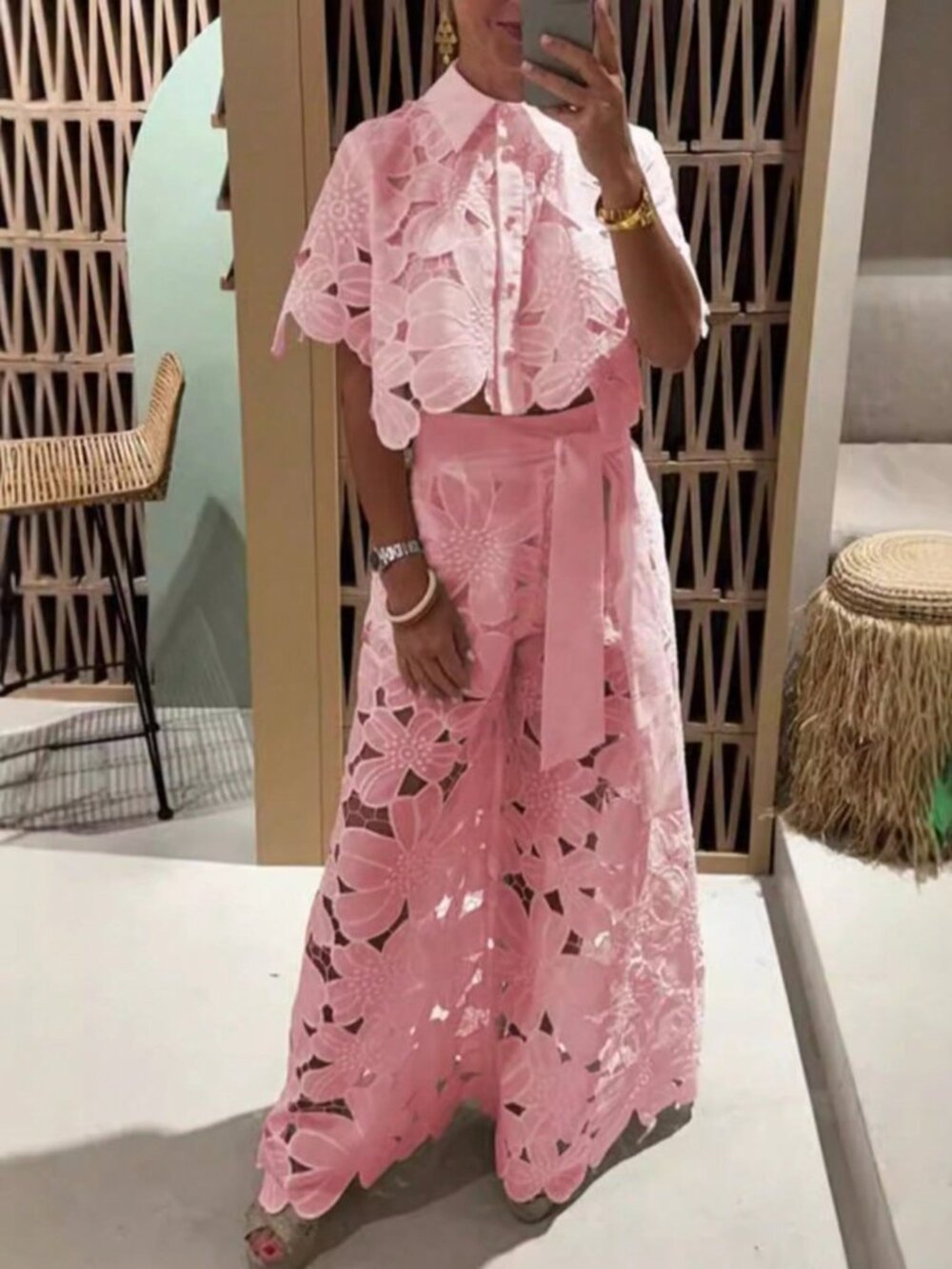 Pink Floral Lace Women's Two-Piece Set with Cape-Sleeve Top and High-Waist Pants - Picture 1 of 2